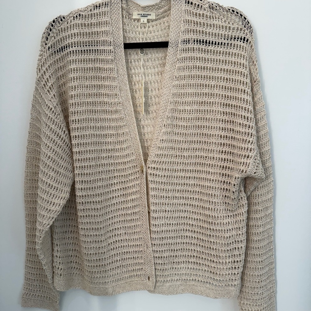 Max Studio Beige Open-Weave V-Neck Cardigan